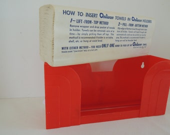 Paper towel dispenser, Folding towel, Wall-mounted, Onliwon, Red plastic, Art Deco design, 1947, Vintage