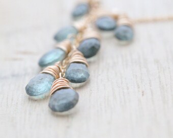 Moss Aquamarine Necklace In 14K Gold Fill - Wire Wrapped, Cascade, March Birthstone - Waterfall
