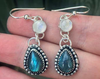 Labradorite and Rainbow Moonstone Earrings - Long Earrings - Sterling Silver - Dangle Gemstone Earrings - Labradorite - Rainbow Moonstone