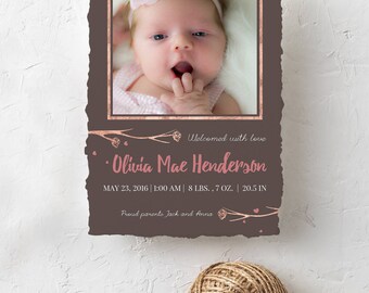 Baby Girl copper Brances and Hearts Brith Announcement