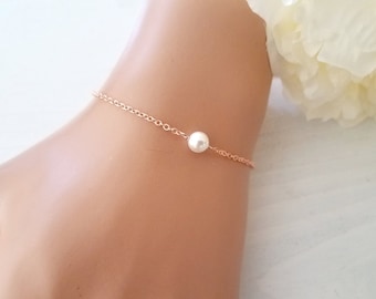Rose Gold Bracelet, Single Pearl Bracelet, Wedding Bracelet Set, Bridesmaid Gift