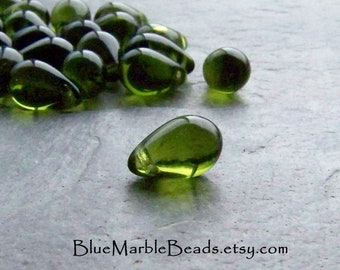 Glass Teardrop Bead, Smooth Teardrop, Czech Glass, Preciosa Brand, Olivine Glass, Briolette, Top Drilled, 9mm, 30 Beads