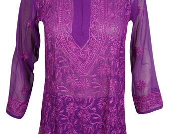 Tunic For Womens Purple Ethnic Indian Floral Hand Embroidered Long Sleeves Summer Blouse Top S/M