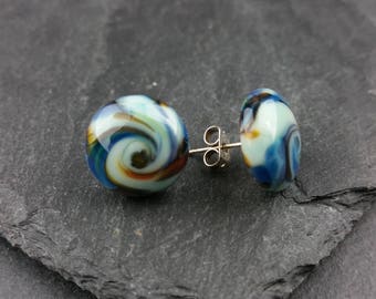 Blue swirl lampwork glass stud earrings