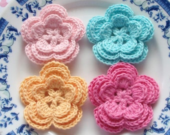 4 Crochet Flowers In Lt pink, Yellow, Aqua, Bubblegum Pink YH-008-04