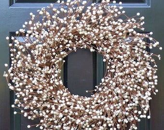 SUMMER WREATH SALE Cream Berry Wreath- Berry Door Wreath- Year Round Wreath- White or Cream Wedding Wreath- Christmas Wreath- Winter Wreath-