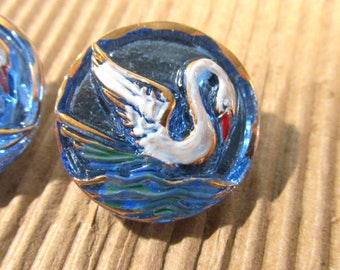 Czech SWAN Button Hand Painted Glass Swan Czech Glass Button Two (2) Czech Glass Swan Bird Vintage Button Jewelry Supplies (J223)