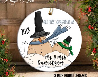 Our First Christmas as Mr and Mrs Ornament, Mr and Mrs Ornament, Mr Mrs Snowman, Custom Wedding Gift Personalized Wedding Gift Custom OCH138