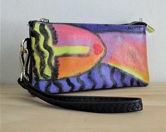 Abstract Art Hand Painted Wristlet Clutch Bag Purse Handbag