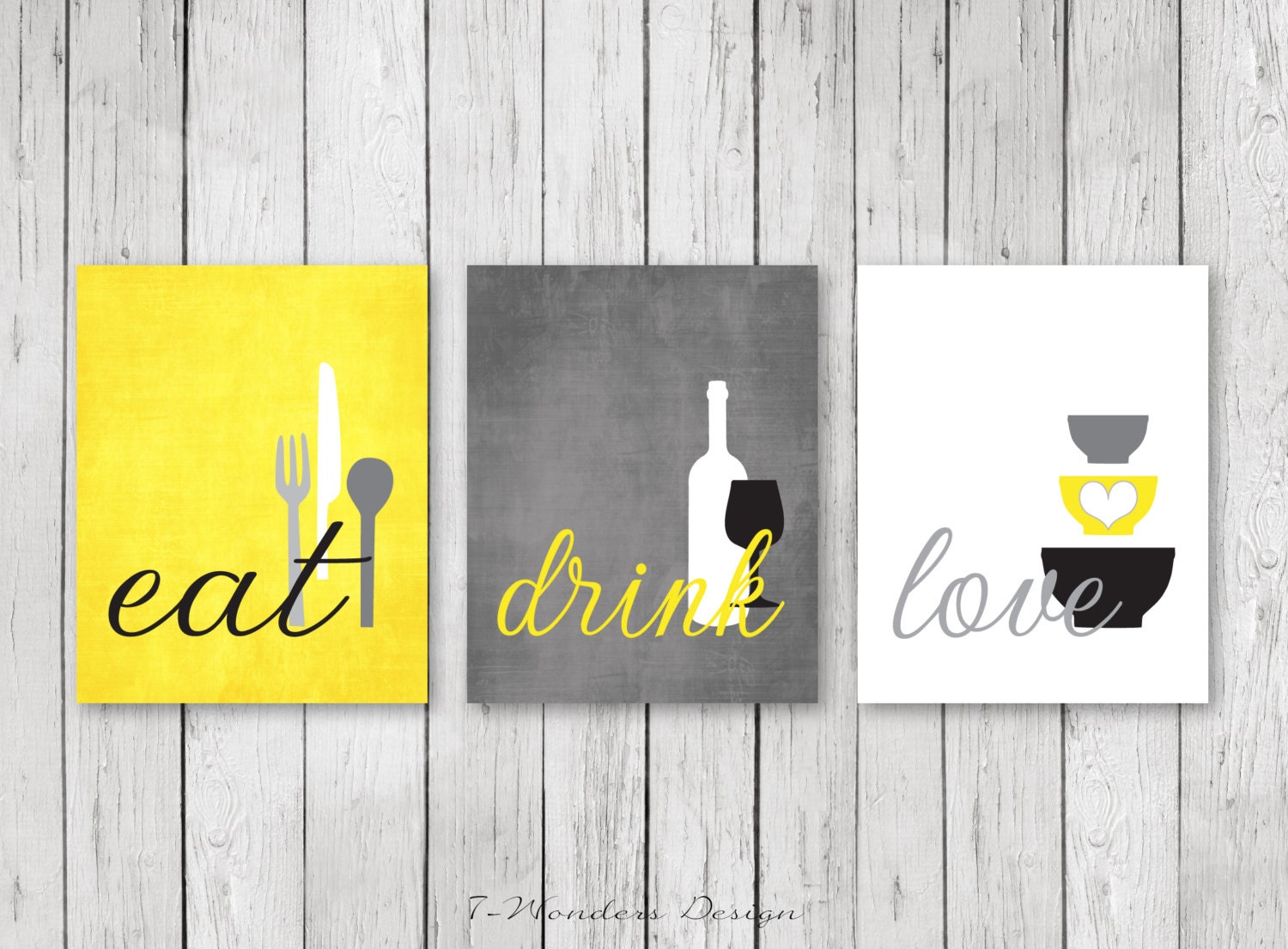 Kitchen Wall Art Print Set Eat Drink Love Yellow Grey Kitchen Wall Art Print Set Eat Drink Love Yellow Grey