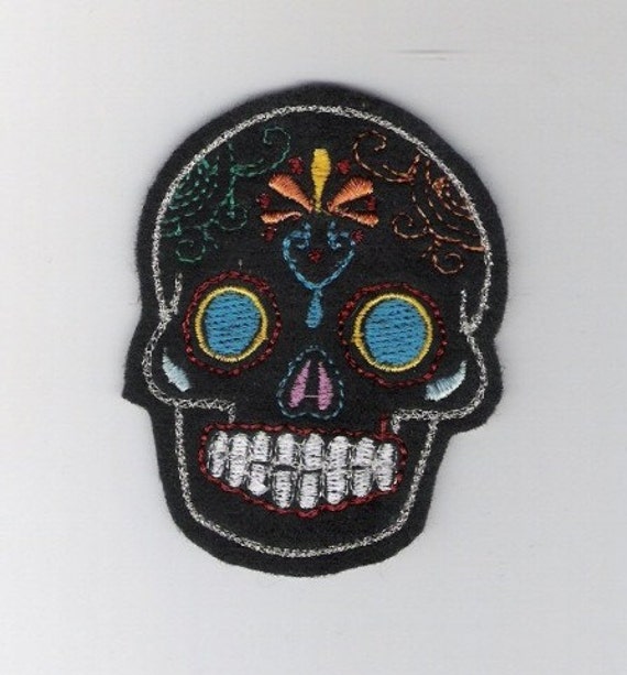 Mini Mexican Sugar Skull embroidery patch blue eyes