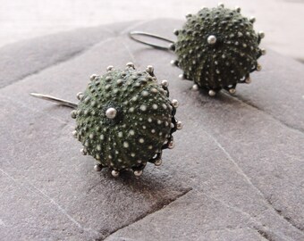 Sterling Silver Sea Urchin Earrings, Dangle Urchin Earrings, Special Green Earrings