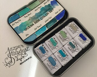 OCEAN AIDE TRAVEL Watercolor Set of 8 Artisan Handmade Watercolour paint set Half Pans