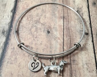 Dachshund initial bangle - dachshund jewelry, doxie jewelry, weenie dog jewelry, dachshund bangle, doxie bracelet, silver dachshund pendant