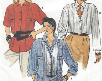 1980s Womens Big Shirt Oversized Shirt with Bodice Details Sleeve Variations Vogue Sewing Pattern 9263 Size 12 14 16 Bust 34 36 38