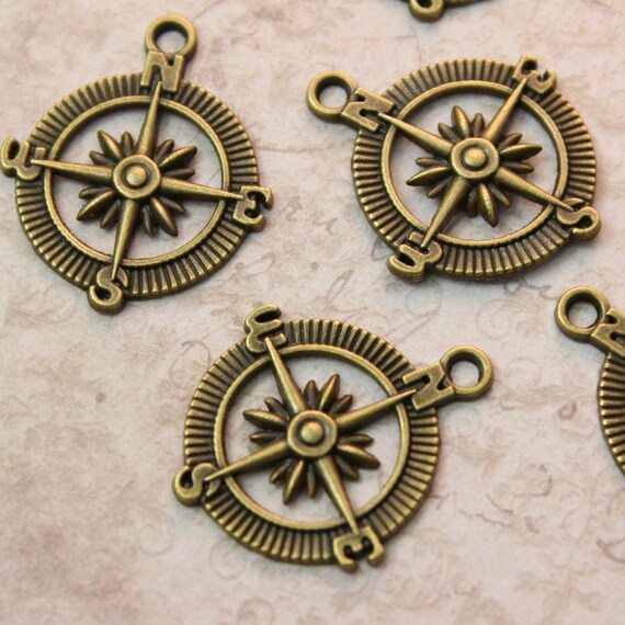 10 Compass Charms Compass Pendants Antiqued Bronze Tone 25 mm