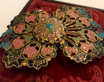 Antique French Champleve Enamel Buckle Stunning Colors