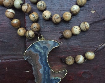 Adjustable 54 Bead Handknotted Picture Jasper + Amethyst Drusy Crescent Moon Spiritual Junkies Yoga and Meditation Mini Mala