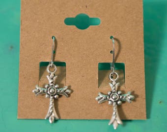 Silver Metal Ornate Cross Earrings