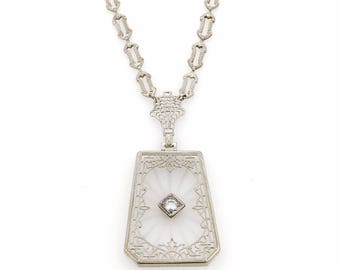16219 - Art Deco 14k Gold Filigree Diamond Camphor Crystal Pendant Necklace