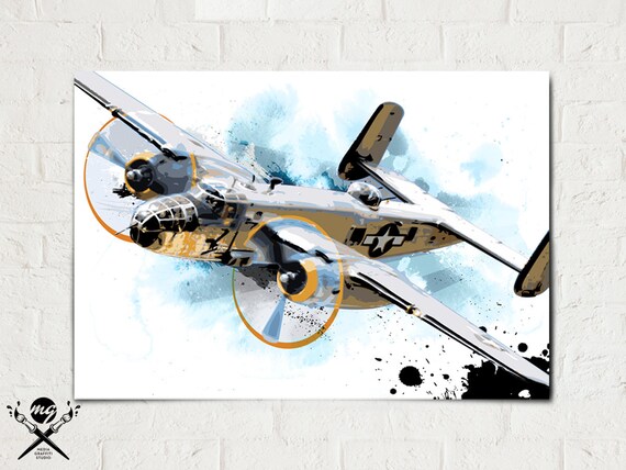 Airplane Art B25 Bomber Airplane Print WWII Vintage