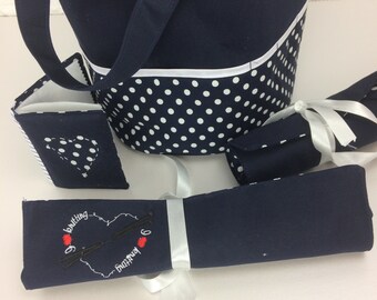 Navy BLUE quilted knitting Bag , Yarn Bag, Project organiser, Crochet, sewing, Gift for Knitter, For a mum that knits, Craft Bag