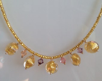 Murano Glass Jewelry "Dangling Gold", Murano Glass Necklace. Venetian Necklace. Italian Jewelry. Collier Bijou or verre de Murano italien