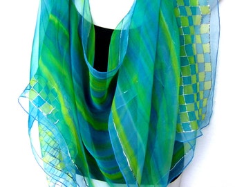 Hand Painted Silk Scarf, Silk Scarf Handpainted, Turquoise Blue Lime Green, Checked Geometrical, Chiffon Silk Scarf, Gift For Her