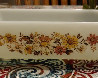 Anchor Hocking 5 x 9 (1 Quart) Loaf or Small Baking Dish Floral or Autumn Motif Made in USA
