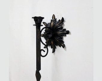Vintage Metal Wrought Iron Wall Candle Sconce Black Gold Leaf Gothic Steampunk