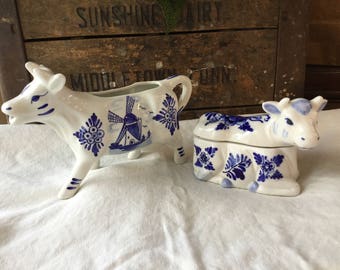Vintage Delft Blue Signed Cow Sugar and Creamer Set / Handpainted