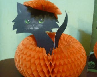 Hallmark Honeycomb Tissue Paper Halloween Pumpkin & Black Cat Centerpiece (T)