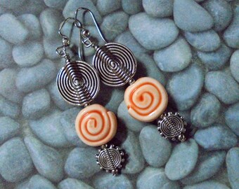 Orange and Silver Sprial Earrings (2885)
