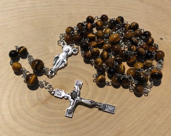 Miraculous Medal Rosary | Yellow Tiger Eye Stone Beads | 5 Decade Rosary
