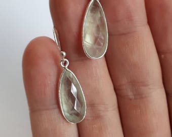 Silver prehnite earrings, teardrop shaped gemstone, sterling 92.5