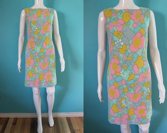60's Dress 60's Linen Blend Pastel Floral Print Shift Dress