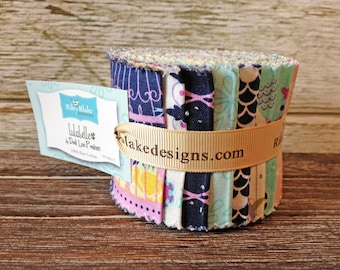 15 "Lulabelle" Jelly Roll, Rolie Polie, Pre-cut Quilt Fabric Strips by Riley Blake - Bird, Birdcage, Flowers, Navy, Mint, Yellow & Pink