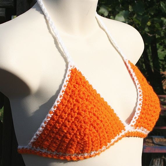 Items Similar To Orange And White Crocheted Bikini Top Medium On Etsy