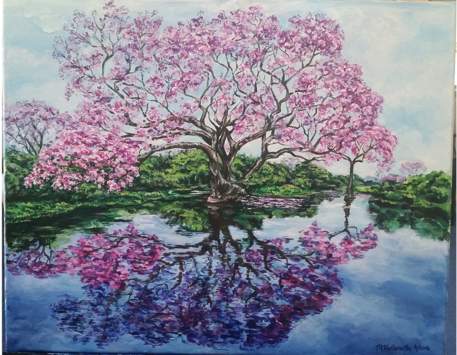 Blühender Kirschbaum in einem See Acrylbild reflektieren