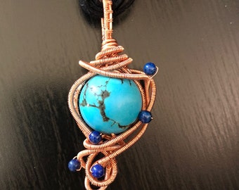 Turquoise Pendant, turquoise, copper and turquoise wire wrap, wire wrapped copper pendant, copper pendant, lapis lazuli,