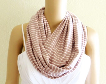 White And Dark Dusty Rose Stripe Circle Scarf. Stripe Infinity Scarf. Soft Cotton Loop Scarf.