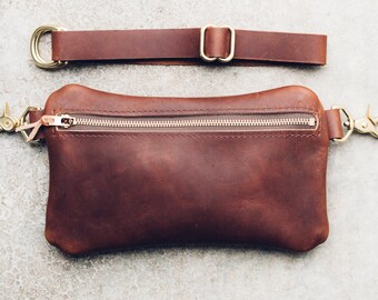 the zipper hip bag + satchel in brown // pure leather bag + satchel that can be worn as hip bag, shoulder and cross-body bag