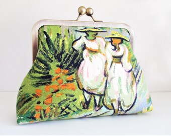 Van Gogh Stairway at Auvers Vintage Barkcloth Fabric 6" Antique Brass Kisslock Frame Mini Clutch Wristlet Crossbody Shoulder Bag Purse
