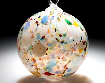 Ornament. Sun catcher. Hand blown Fine Art Glass Ornament in White Studio Mix. Made in Seattle. Artist Dehanna Jones.