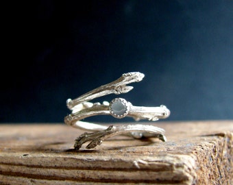 Silver Twig Ring Milky Aquamarine Cabochon Light Blue March Birthstone Gifts for her Botanical Jewelry