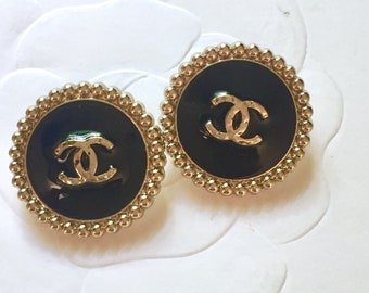 2 Chanel Black Enamel Gold CC Metal Buttons, 23 mm