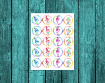 Trolls party decor, Trolls birthday, Trolls cupcake toppers, 8.5x11 sheet, each circle is a 2 inch diameter, Trolls digital party printable