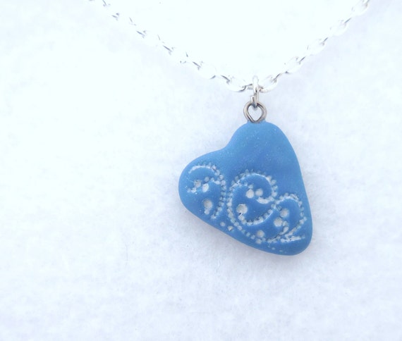 Blue Lace Heart Charm Necklace Polymer Clay Jewelry Small