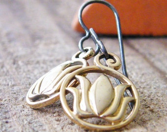 golden lotus flower earrings in golden bronze and antique silver