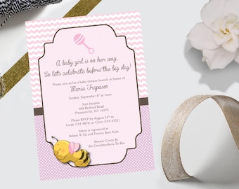 Baby Shower Invitation - Pink Chevron & Polka Dot Bumblebee - DEPOSIT